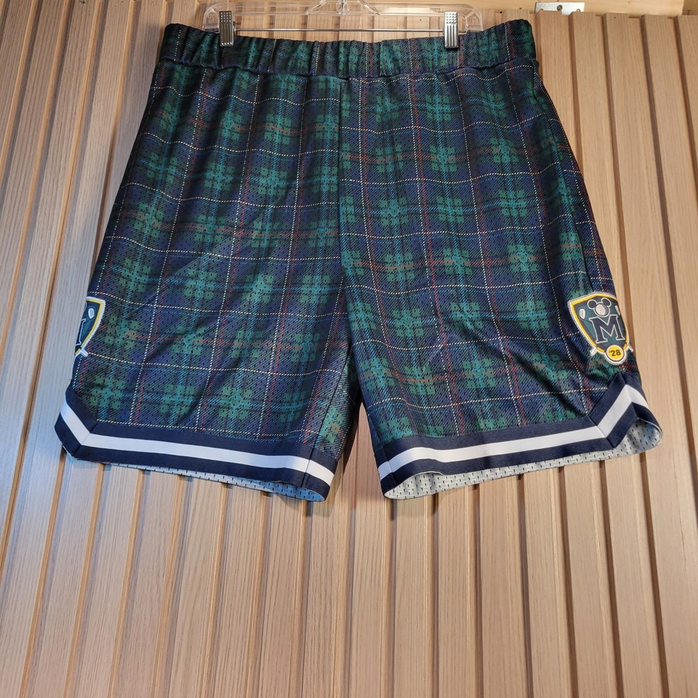 Disney Mens Green Plaid Mickey Mouse Golf Mesh Basketball Shorts Large